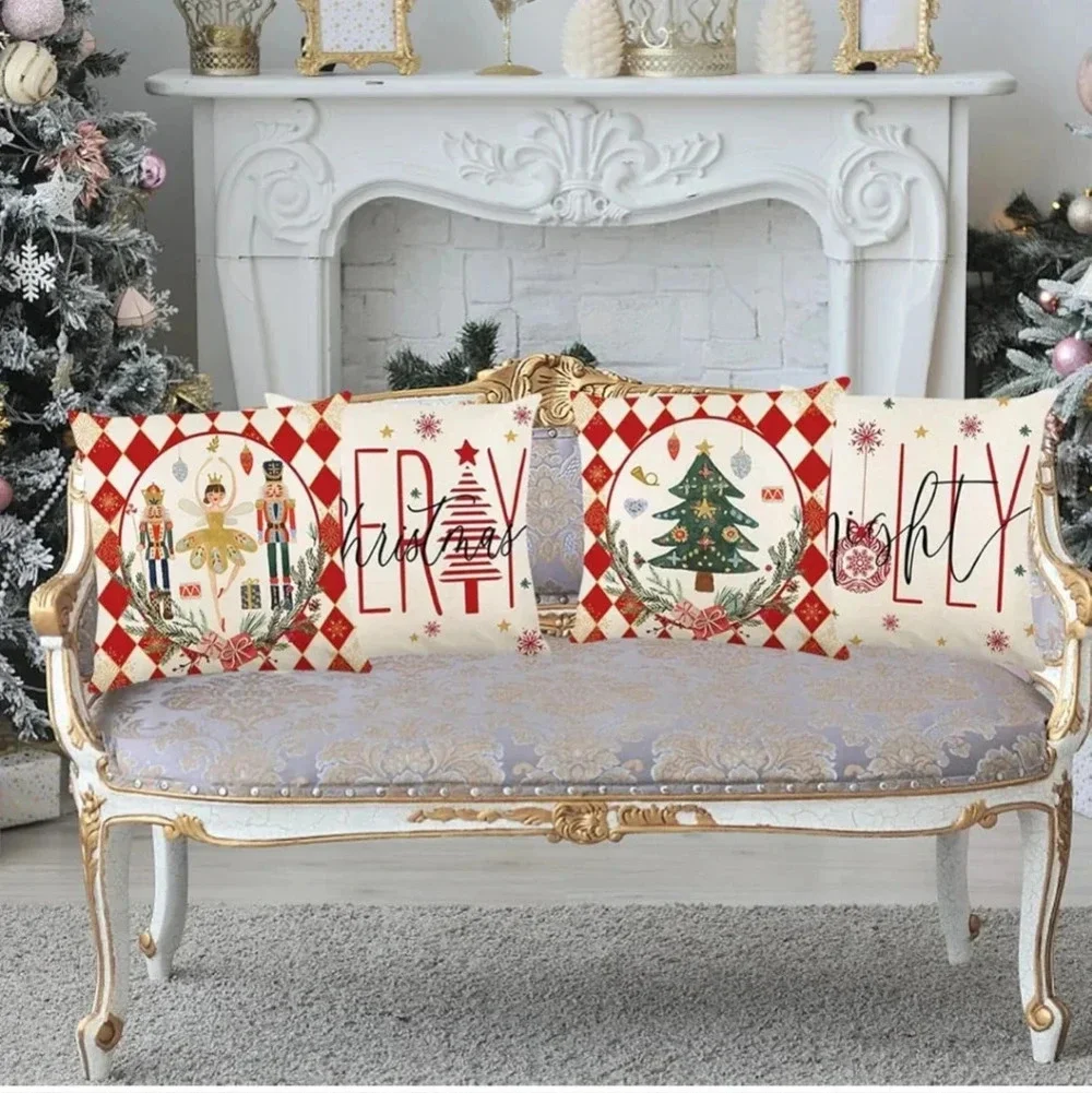 Merry Christmas Joy Xmas Trees Red Throw Pillow Covers, 18 x 18 Inch Christmas W
